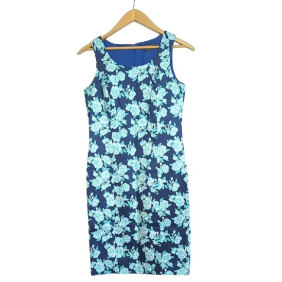 Brooks Brothers Navy Turquoise Floral Sleeveless Sheath Dress | Size 4 - Picture 1 of 7